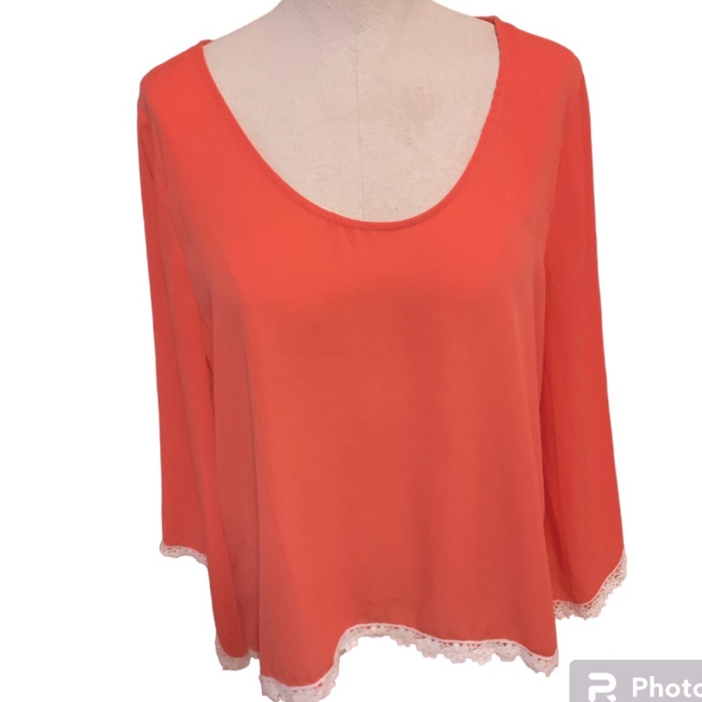 Umgee, Large, melon colored sheer lace detailed  blouse.
